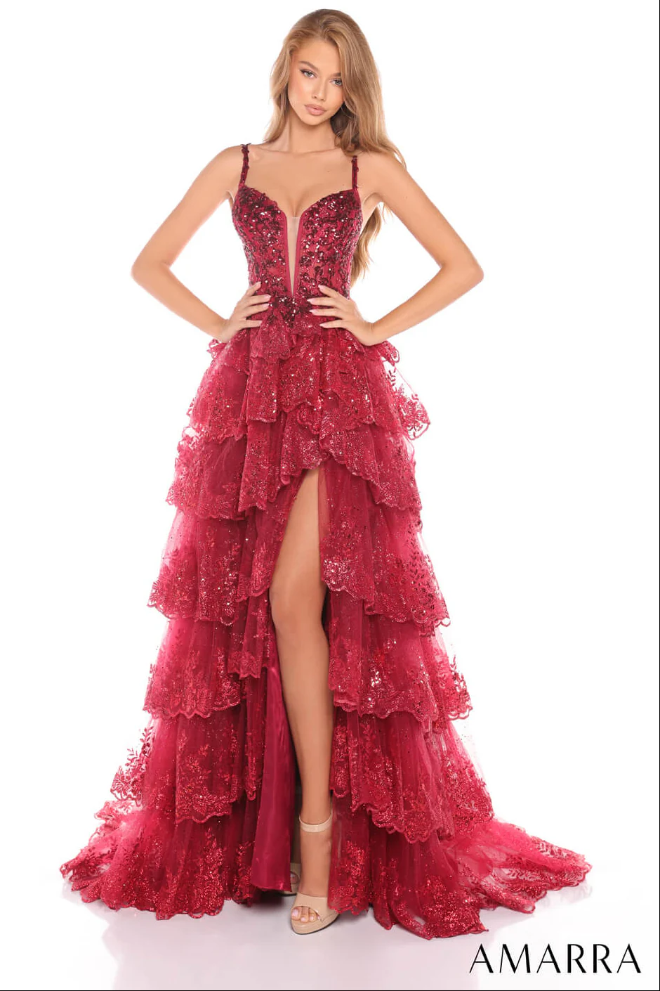 88745 - Amarra - Glitter Tulle Sequin Ball Gown With Plunging Neckline - Image 4