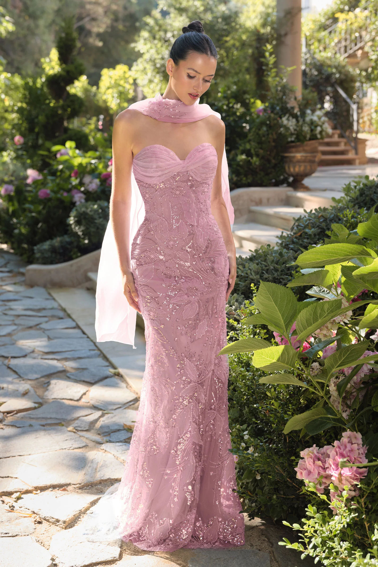 A1484 - Strapless Sweetheart Beaded Floral Gown With Scarf - Andrea & Leo
