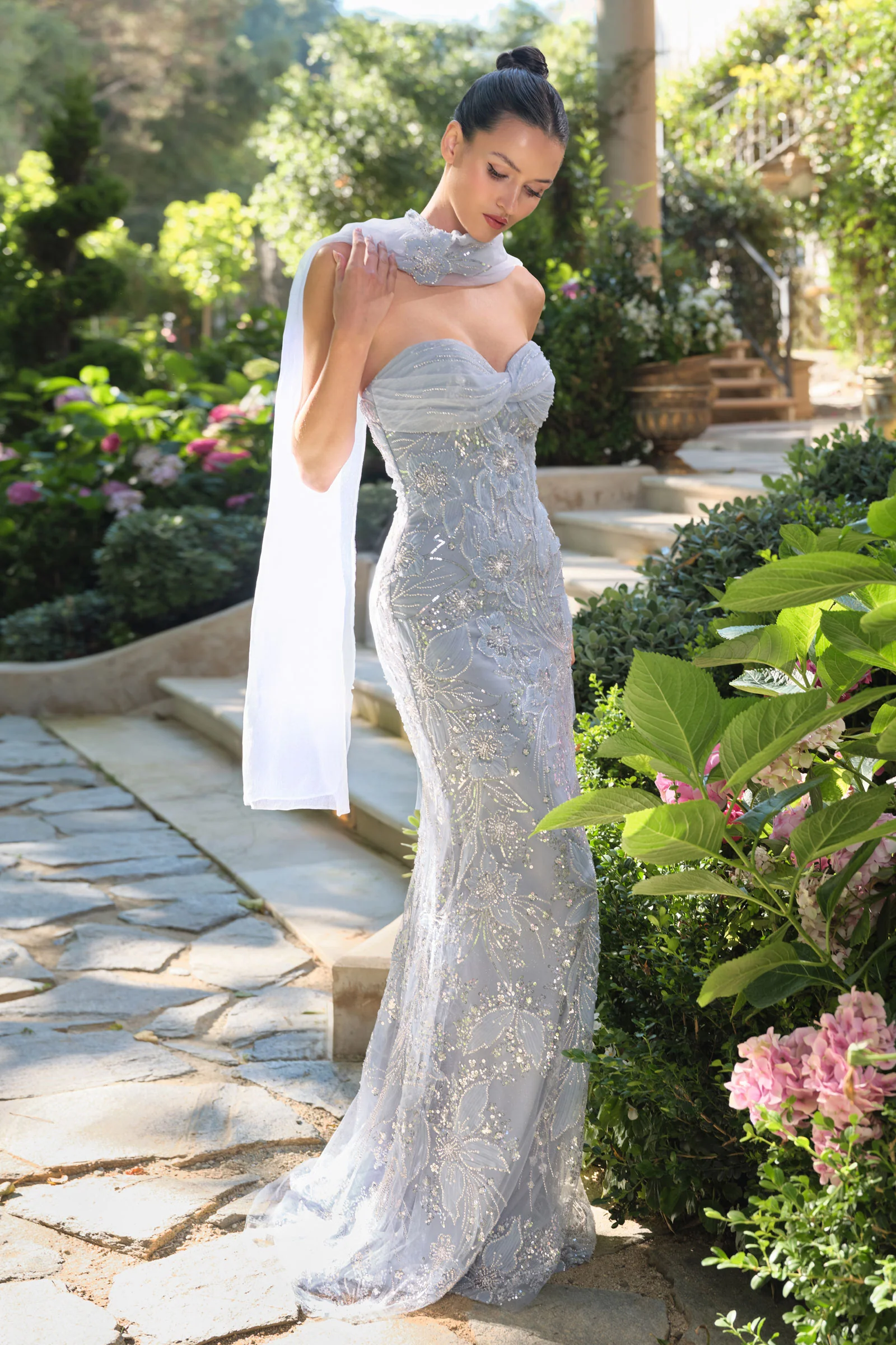 A1484 - Strapless Sweetheart Beaded Floral Gown With Scarf - Andrea & Leo - Image 4