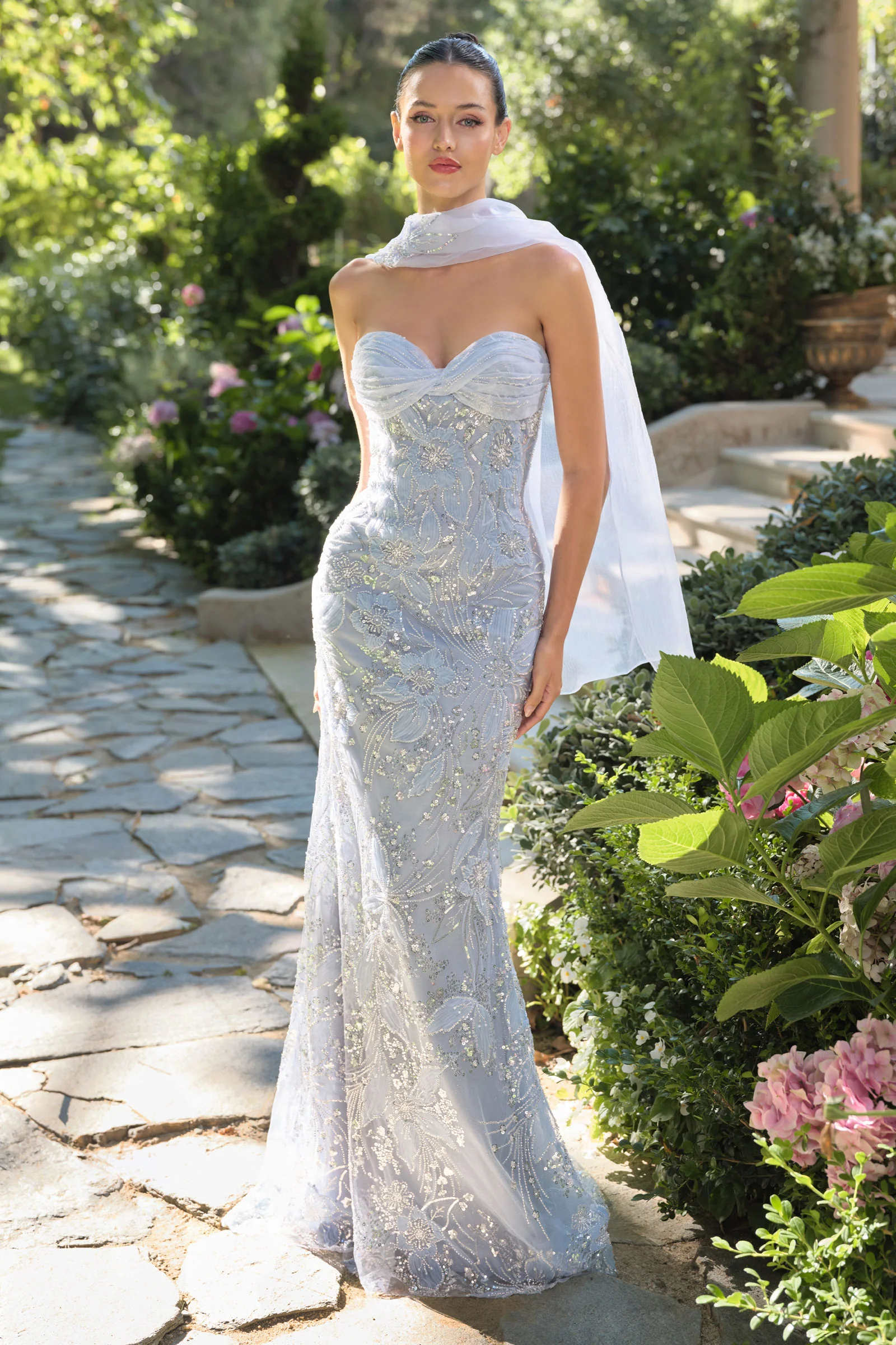A1484 - Strapless Sweetheart Beaded Floral Gown With Scarf - Andrea & Leo - Image 5