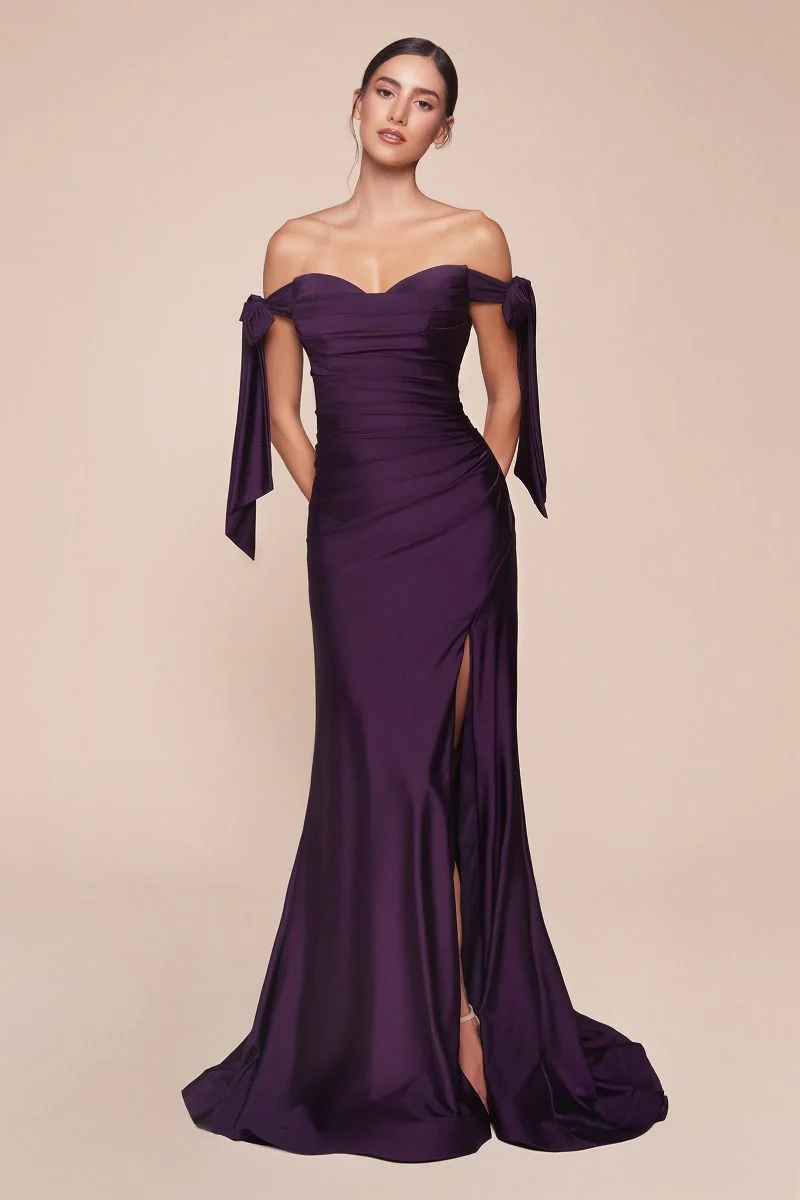 Amber Gown - Off Shoulder Stretch Spandex Satin Dress With Ties - Image 21