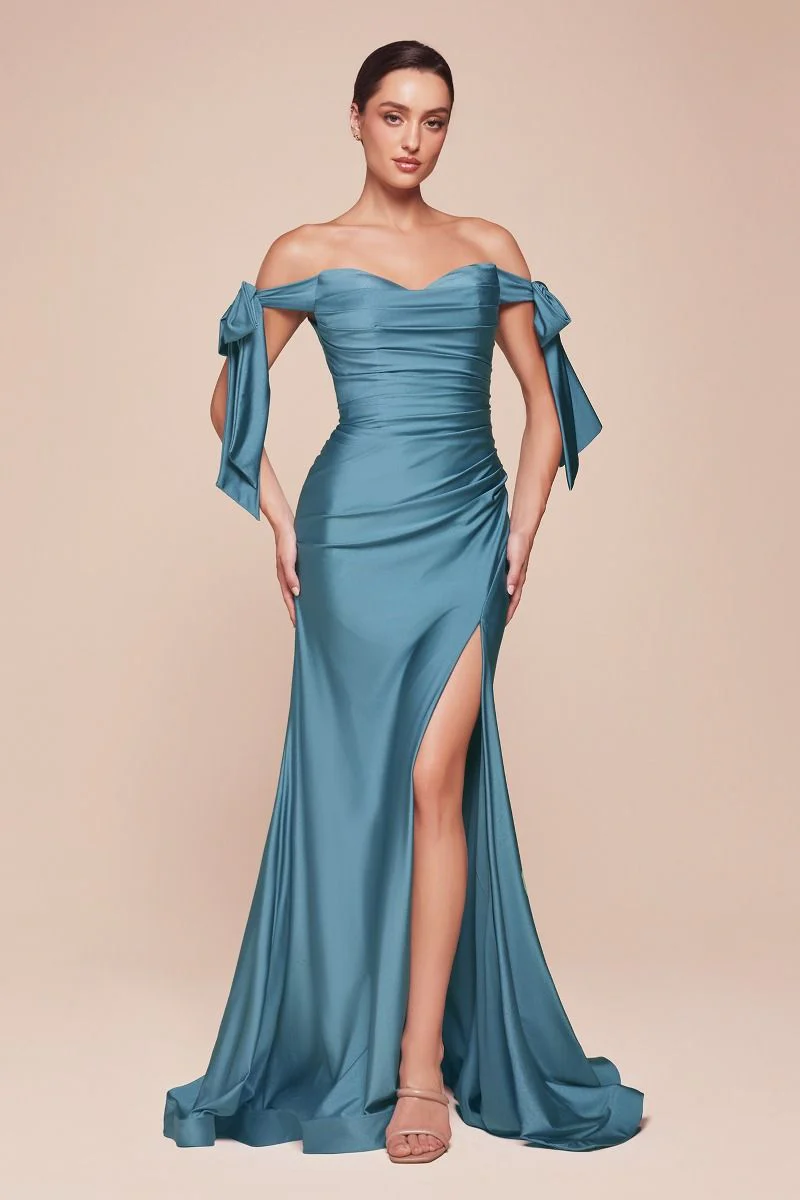 Amber Gown - Off Shoulder Stretch Spandex Satin Dress With Ties - Image 25