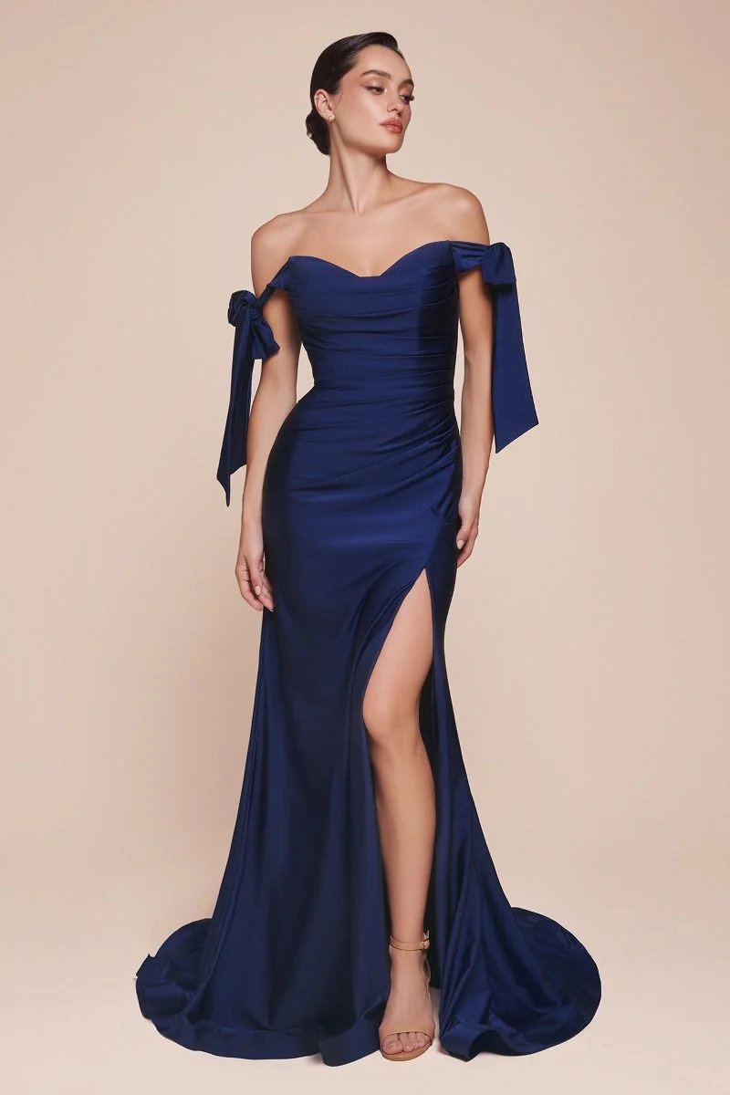 Amber Gown - Off Shoulder Stretch Spandex Satin Dress With Ties - Image 27
