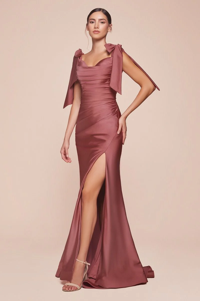 Amber Gown - Off Shoulder Stretch Spandex Satin Dress With Ties - Image 36
