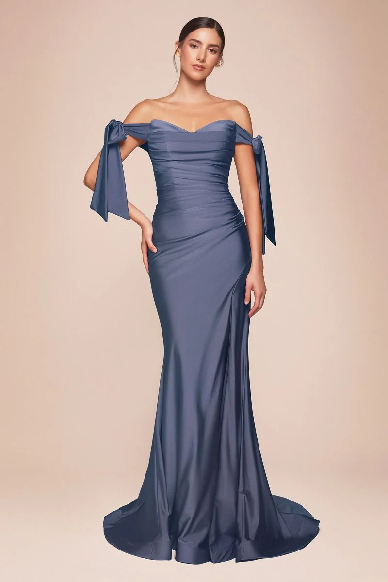 Amber Gown - Off Shoulder Stretch Spandex Satin Dress With Ties - Image 38