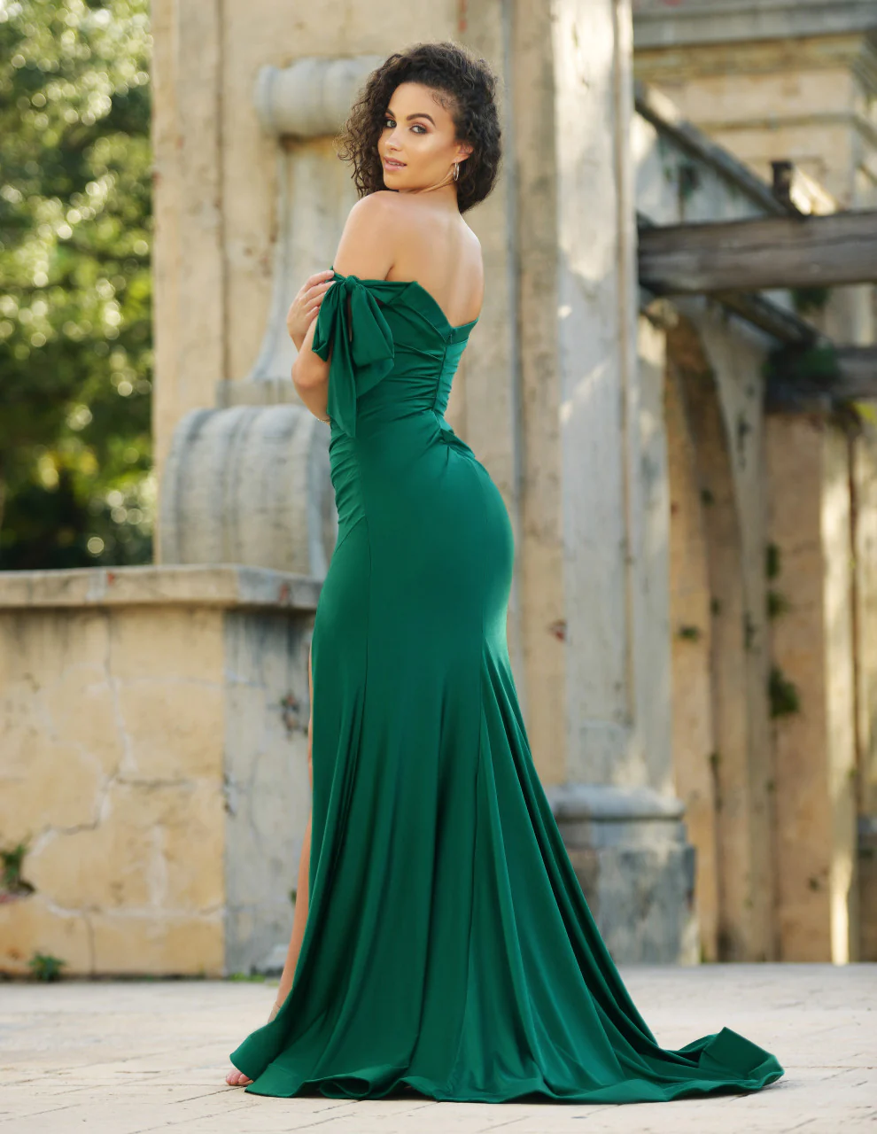 Amber Gown - Off Shoulder Stretch Spandex Satin Dress With Ties - Image 5