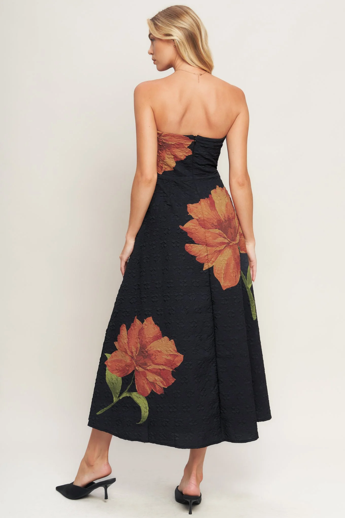 ART NOUVEAU BLOOM BLACK FLORAL MIDI DRESS - Image 3