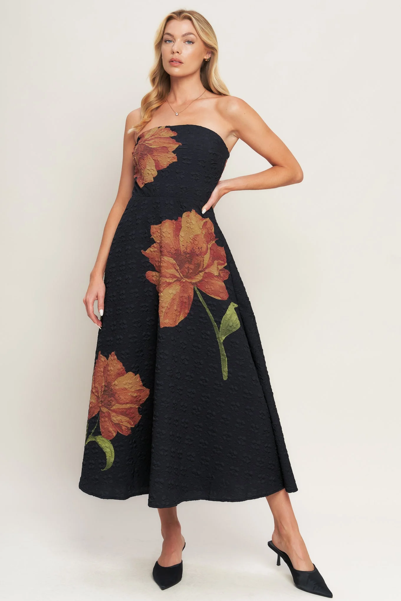 ART NOUVEAU BLOOM BLACK FLORAL MIDI DRESS - Image 4