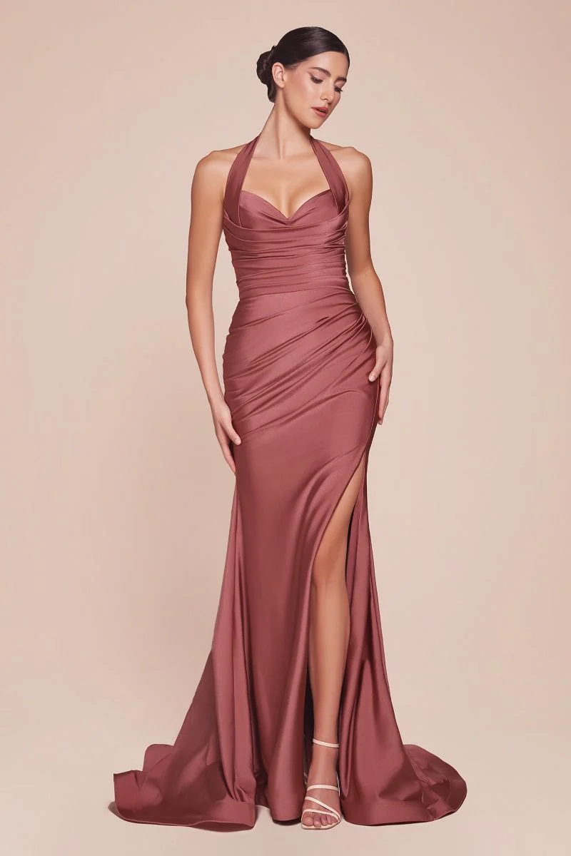 Autumn Gown - Stretch Spandex Satin Halter Fitted Dress - Image 23