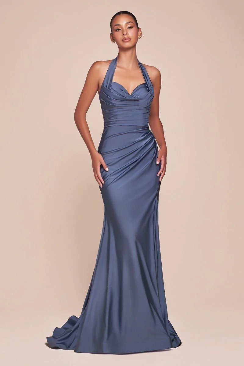 Autumn Gown - Stretch Spandex Satin Halter Fitted Dress - Image 27