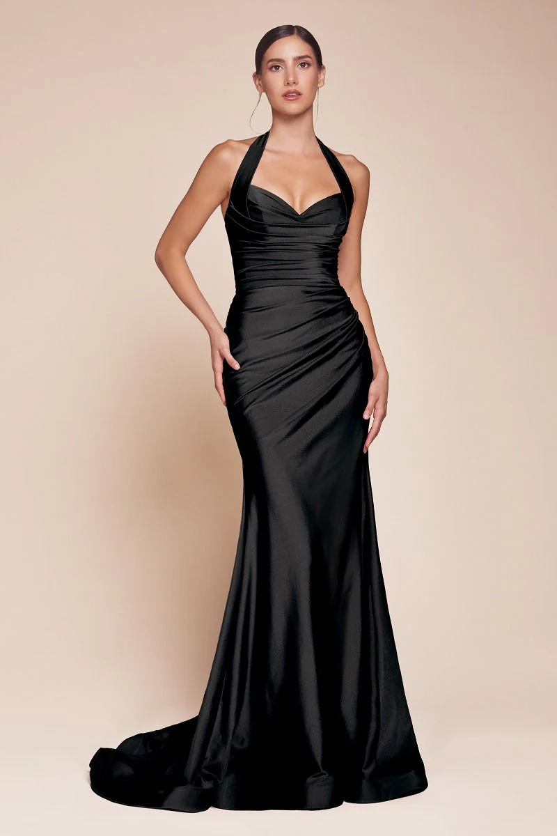 Autumn Gown - Stretch Spandex Satin Halter Fitted Dress - Image 29