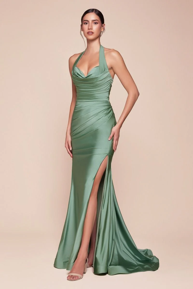 Autumn Gown - Stretch Spandex Satin Halter Fitted Dress - Image 34