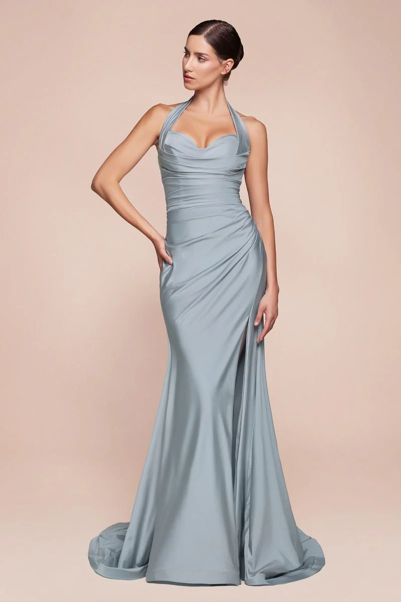 Autumn Gown - Stretch Spandex Satin Halter Fitted Dress - Image 37