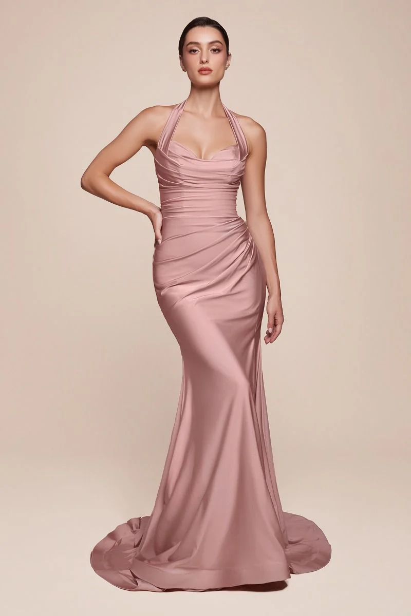 Autumn Gown - Stretch Spandex Satin Halter Fitted Dress - Image 8