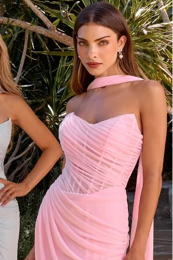 Callista Gown - Strapless Chiffon Fitted Draped Dress With Scarf - Image 10