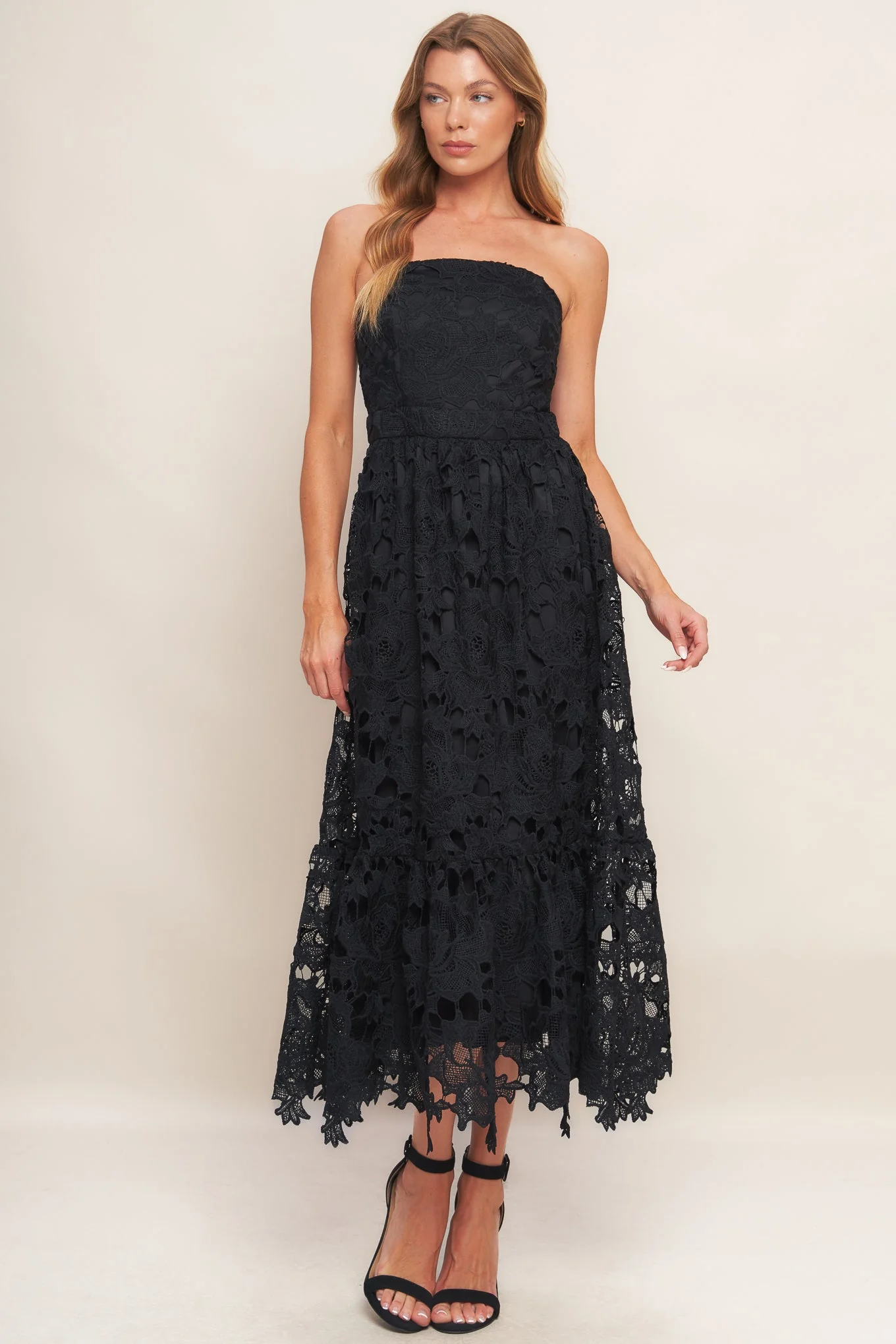 CAREFREE NIGHTS LACE MIDI DRESS - BLACK - Image 7