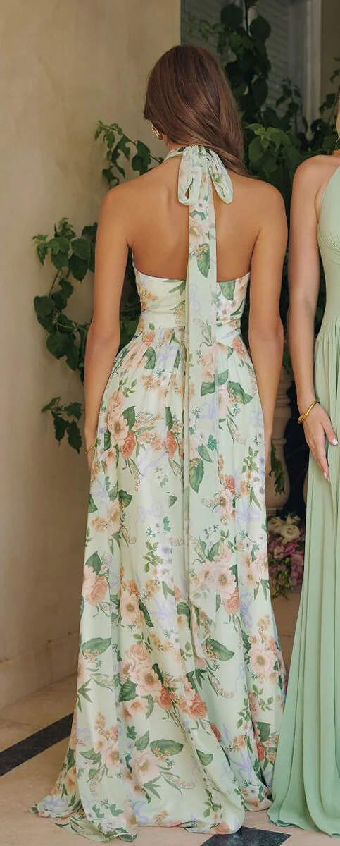 CHEYENNE GOWN - SAGE FLORAL CHIFFON HALTER DRESS - Image 2