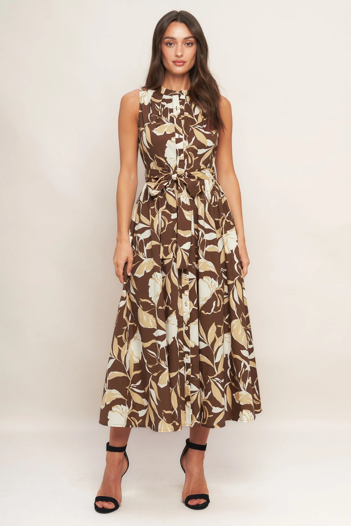ELEGANT BLOOM BUTTON FRONT BROWN MIDI DRESS - Image 3