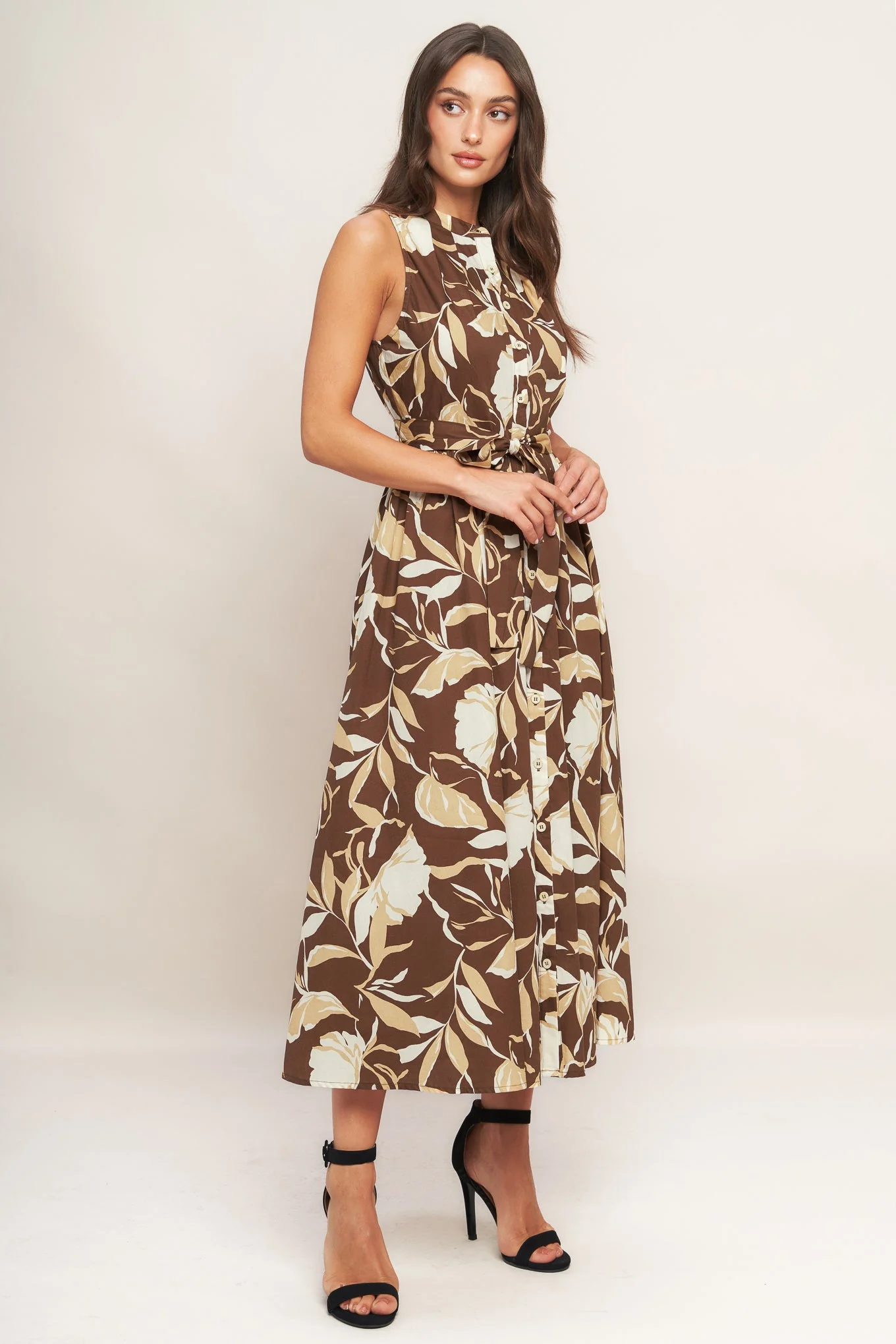 ELEGANT BLOOM BUTTON FRONT BROWN MIDI DRESS - Image 5