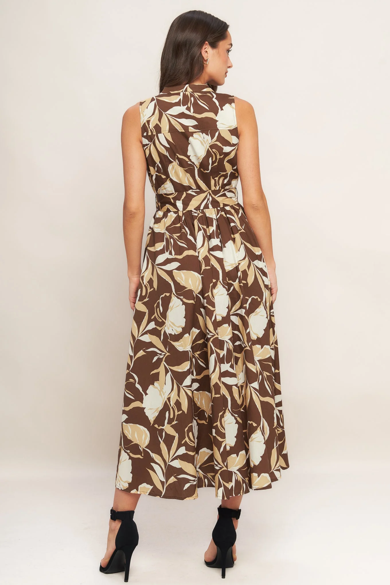 ELEGANT BLOOM BUTTON FRONT BROWN MIDI DRESS - Image 6
