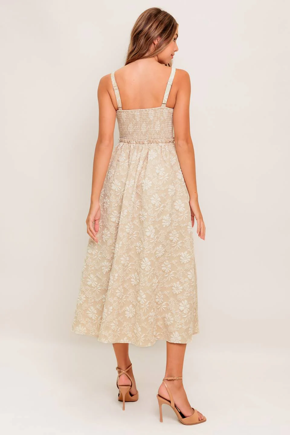 ELOISE MIDI DRESS - LACE FRONT TAUPE JACQUARD DRESS - Image 2