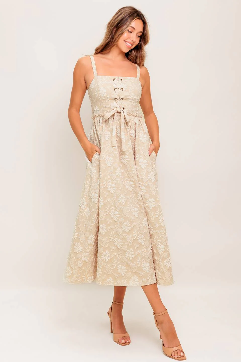 ELOISE MIDI DRESS - LACE FRONT TAUPE JACQUARD DRESS - Image 5