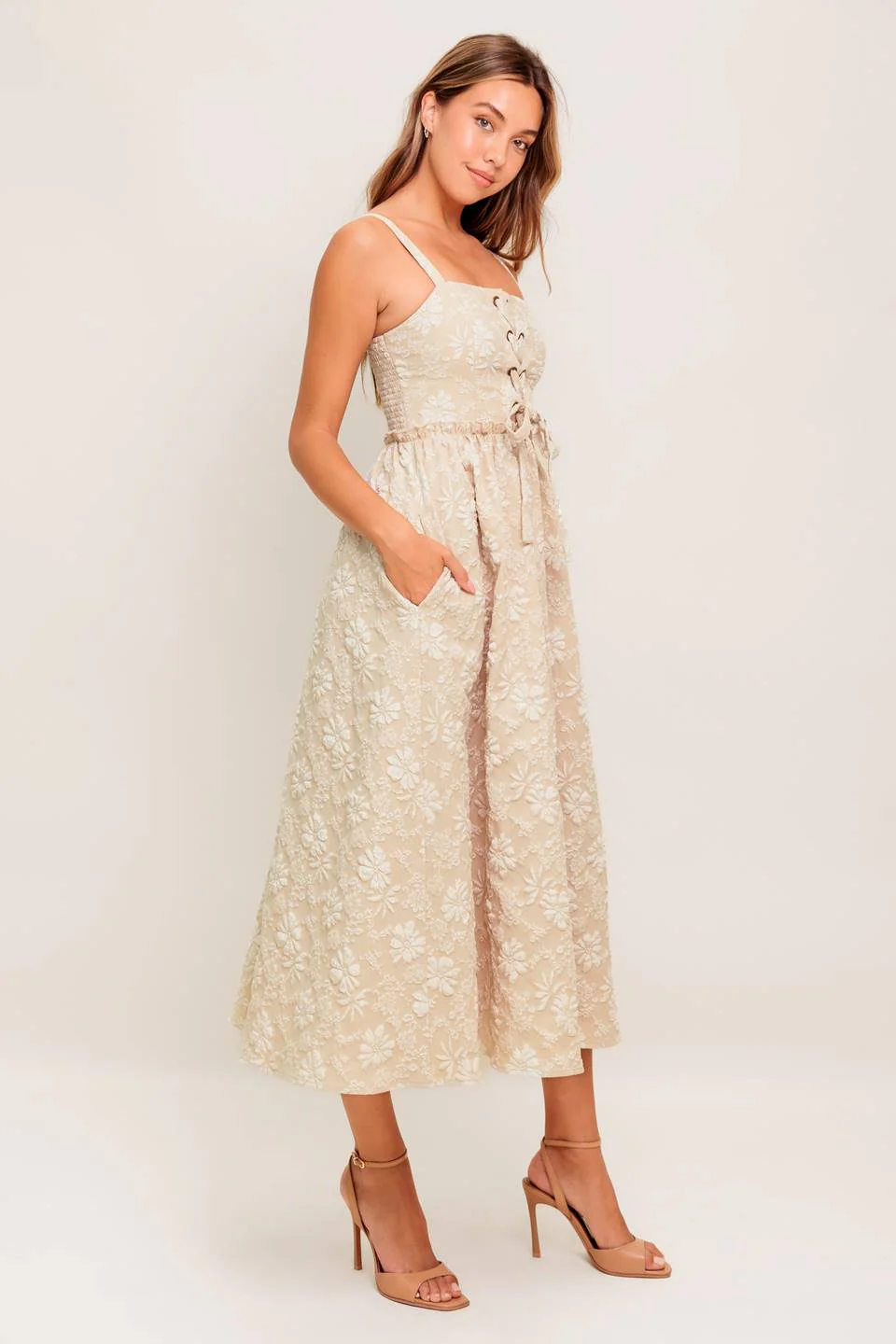ELOISE MIDI DRESS - LACE FRONT TAUPE JACQUARD DRESS - Image 6