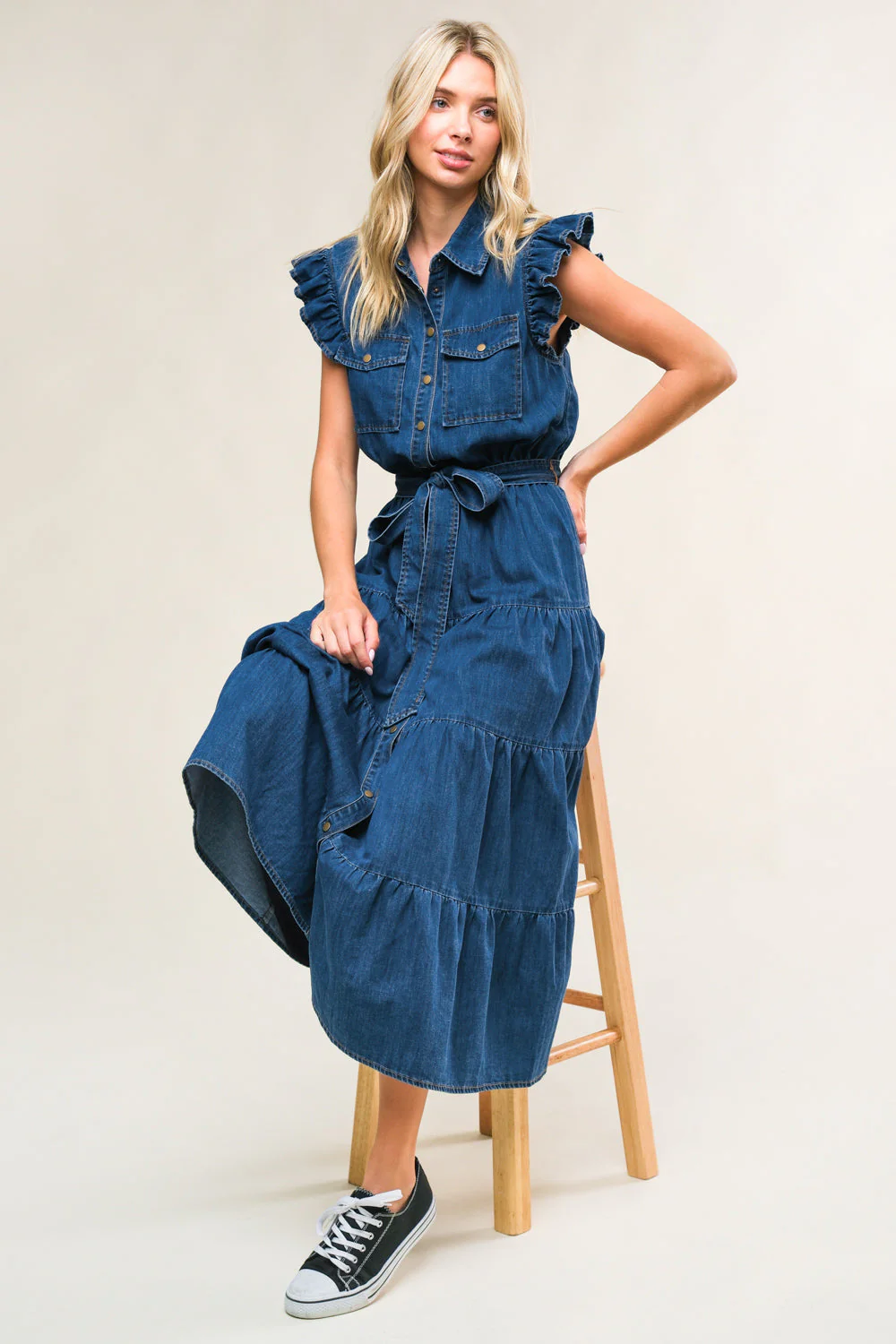 FAN FAVORITE RUFFLE SLEEVE DENIM MIDI DRESS - Image 4