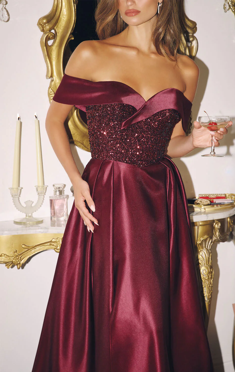 FANNING GOWN - OFF THE SHOULDER SEQUIN CORSET SATIN DRESS - Image 3