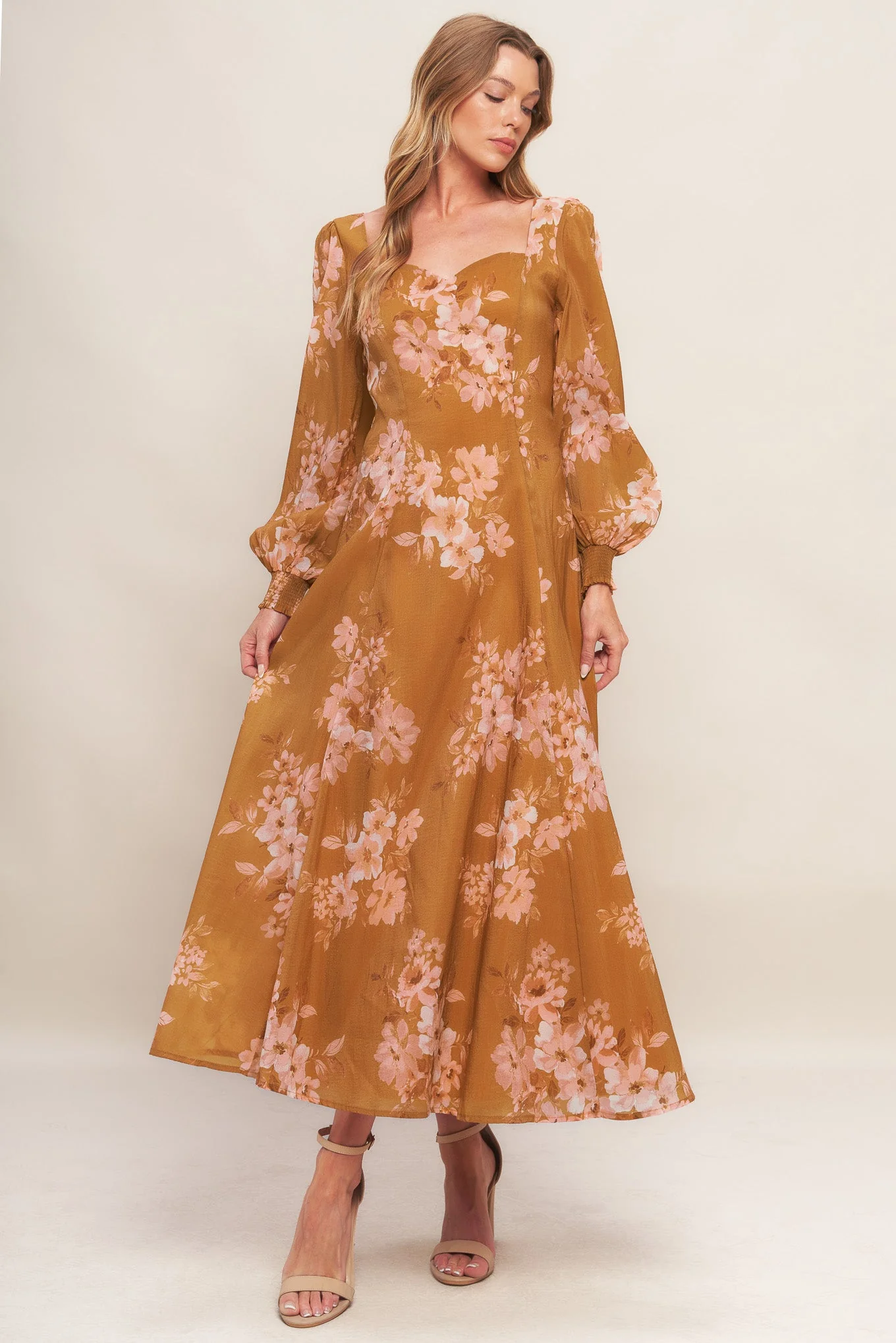 GOLDEN BLOSSOM BROWN MAXI DRESS
