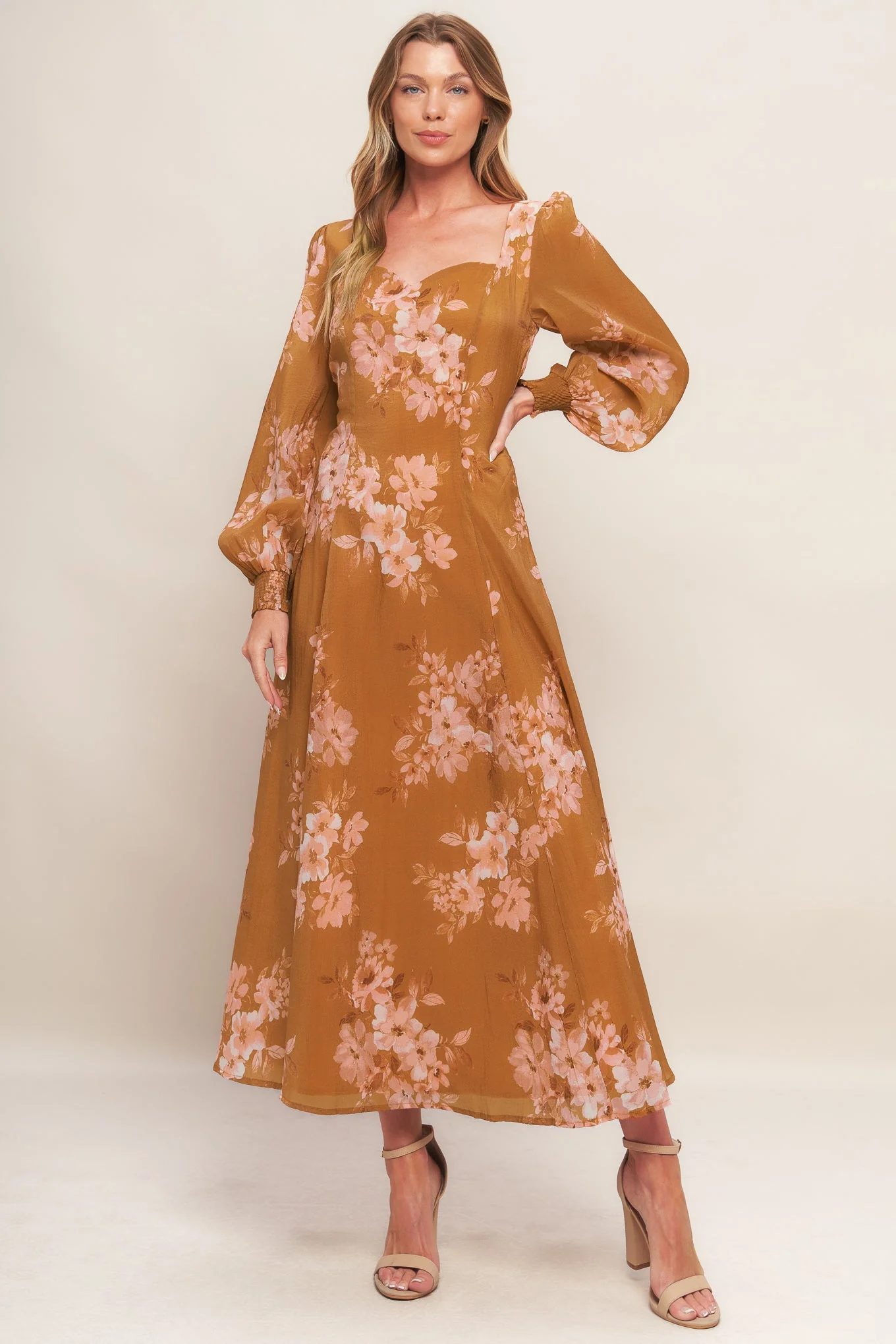GOLDEN BLOSSOM BROWN MAXI DRESS - Image 3
