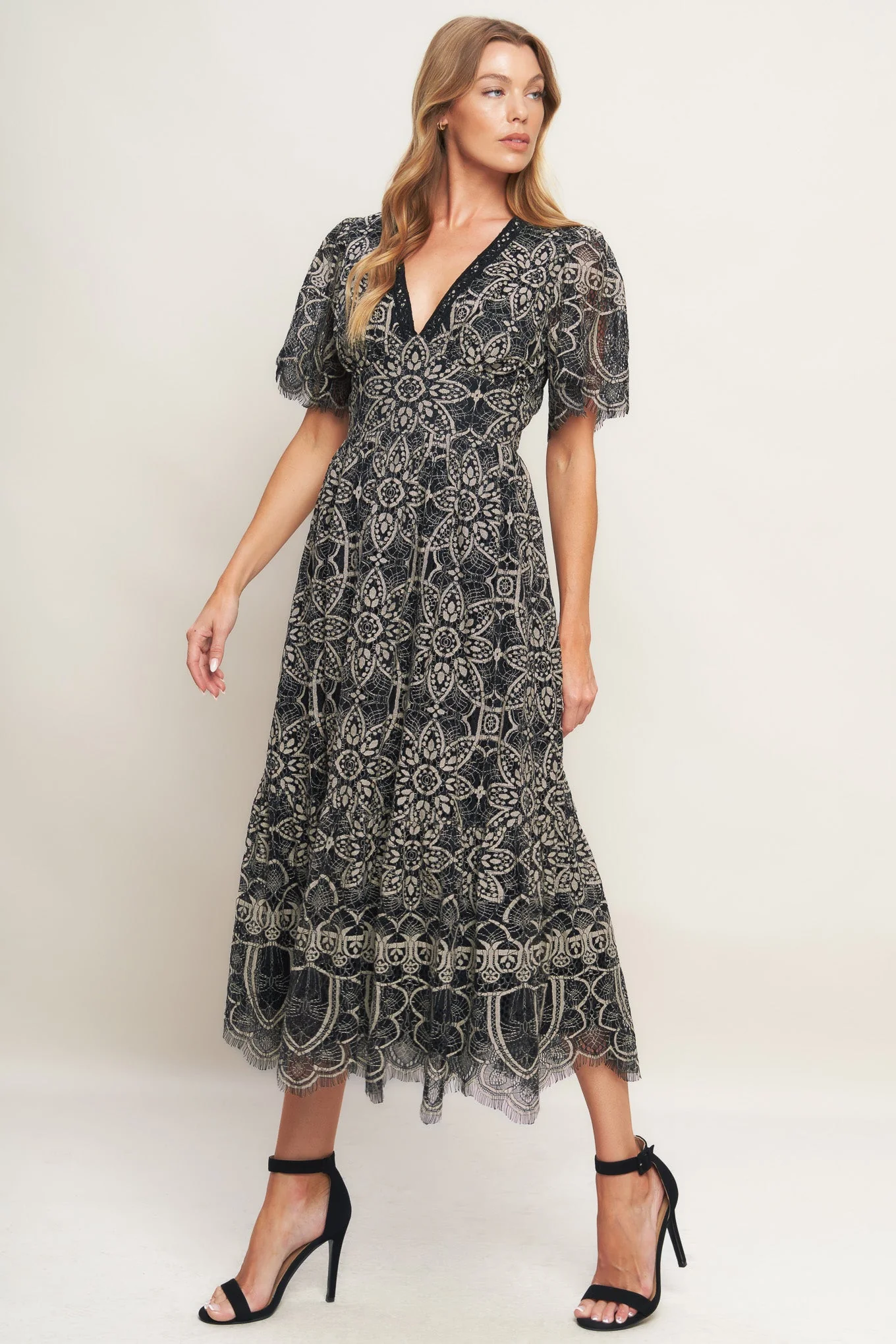 GOTHIC BLOOM BLACK LACE MIDI DRESS - Image 3
