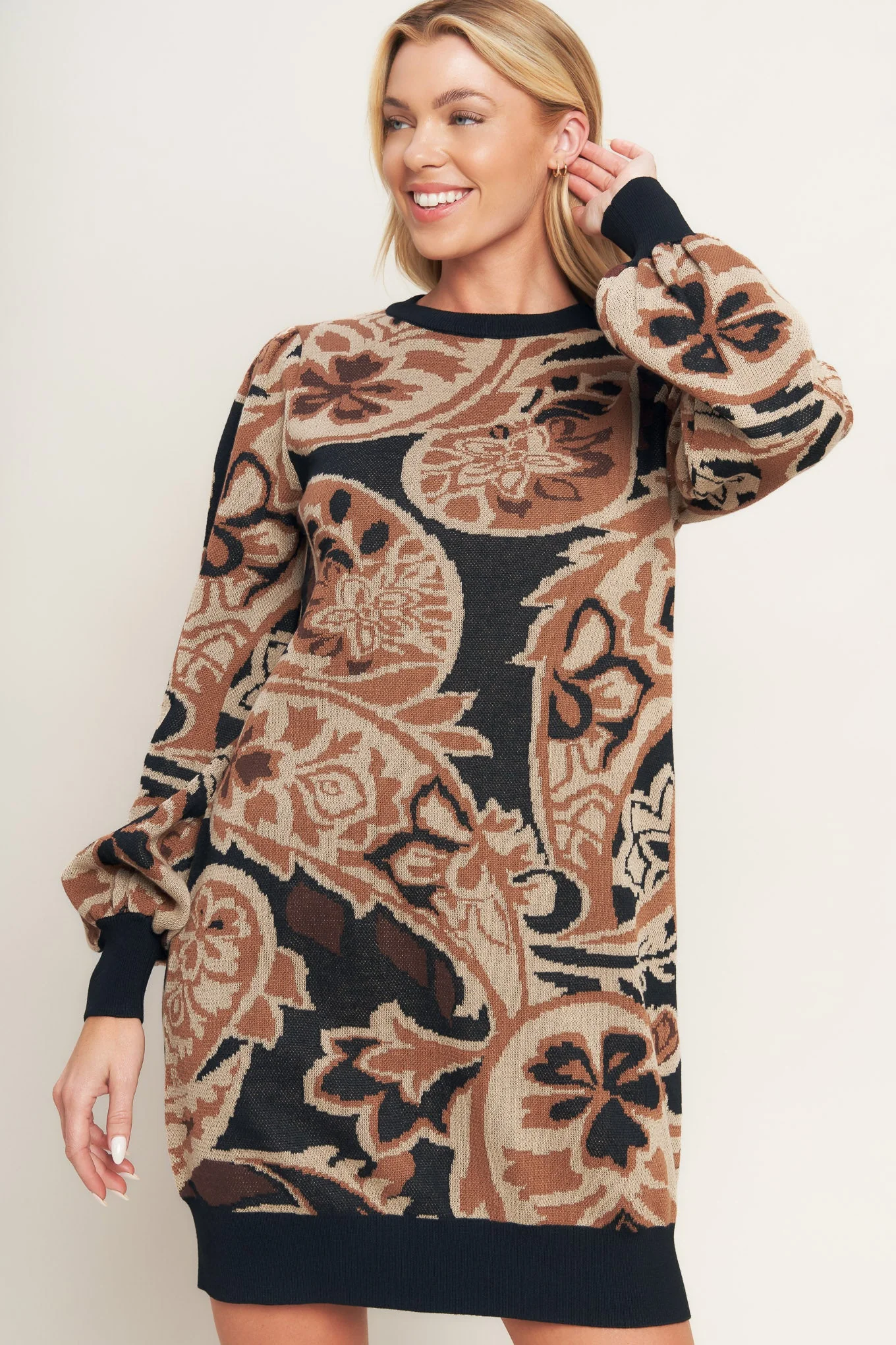 HAVANA SWEATER KNIT BROWN & BLACK MINI DRESS - Image 5