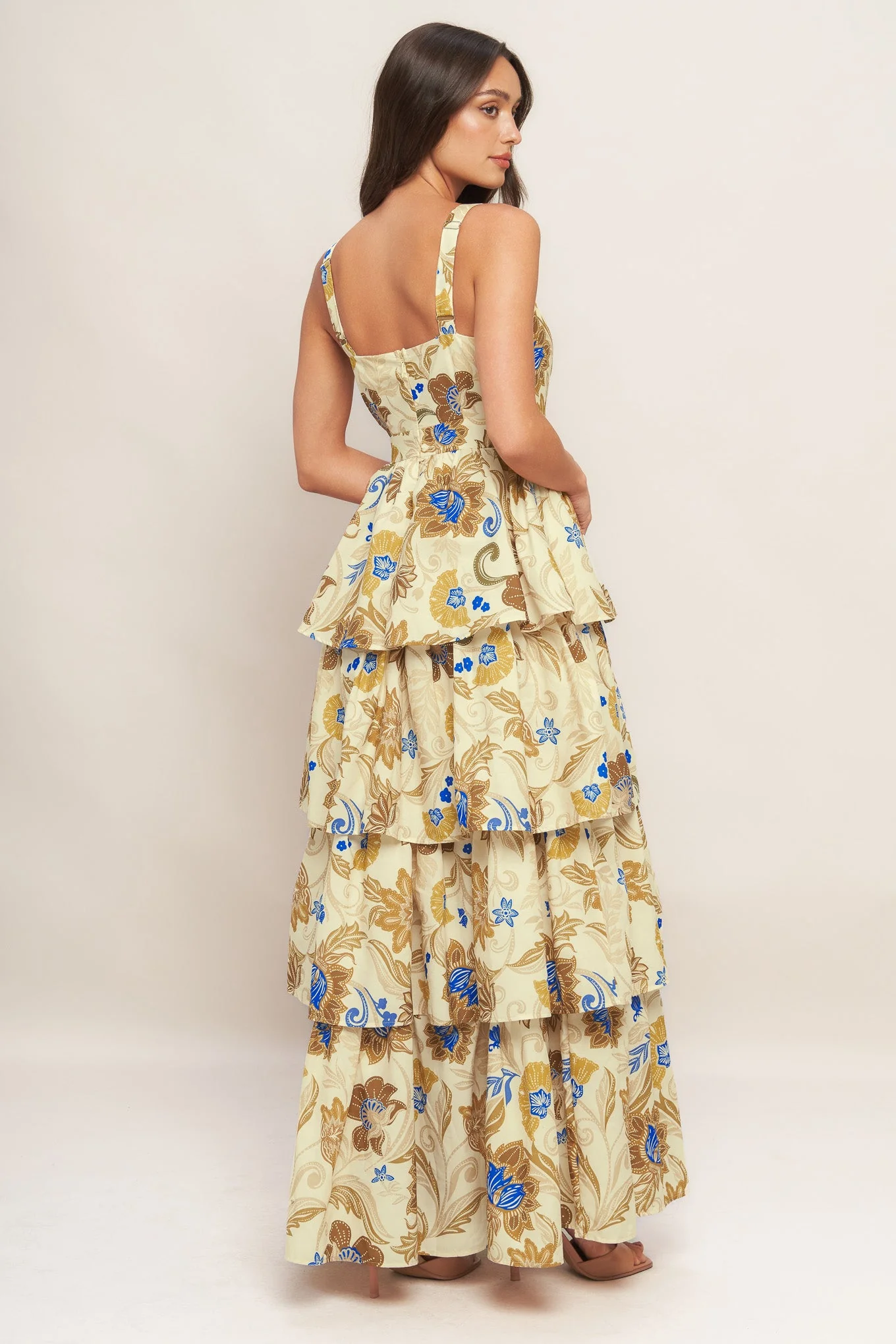 IVORY & BROWN PRINT TIERED MAXI DRESS - Image 2