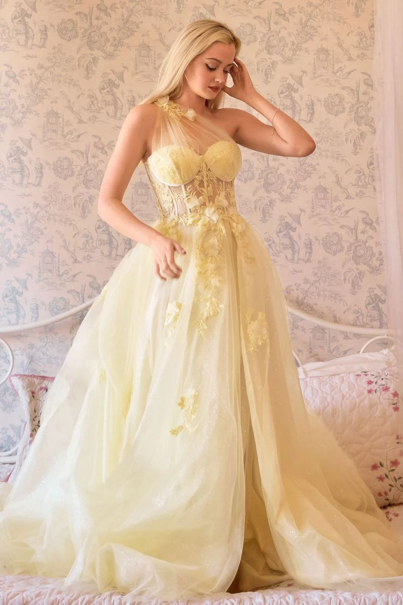A1053 - Leila One Shoulder A-Line Tulle Gown with Floral Appliqué - Yellow - Andrea & Leo - Image 3