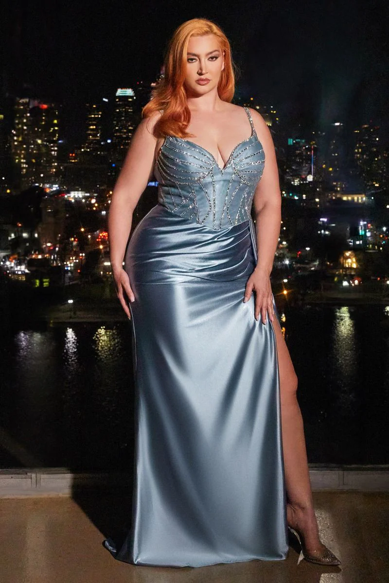LIBERTY GOWN - DUSTY BLUE - FITTED SATIN GOWN WITH BEADED BODICE - Image 2
