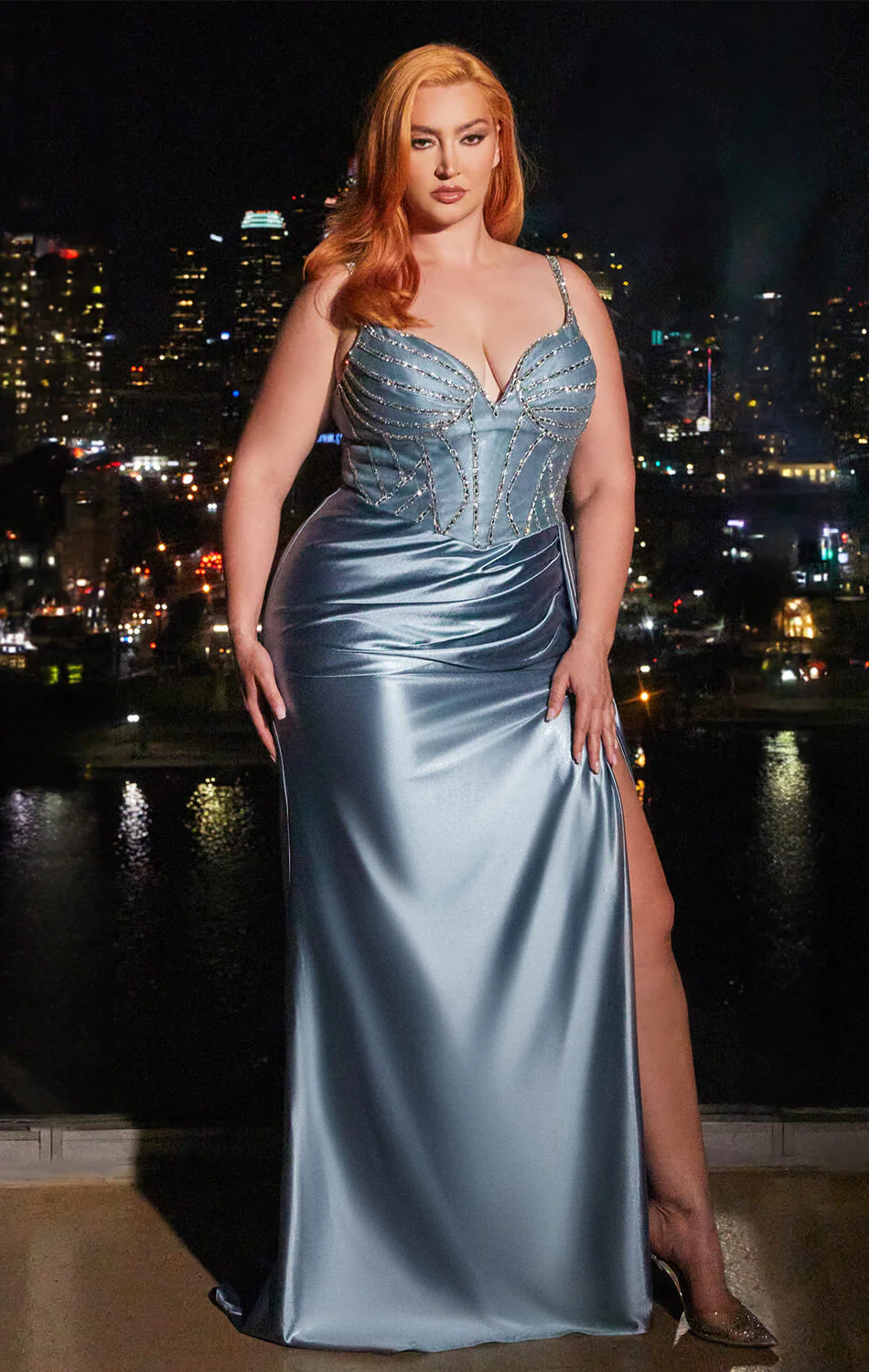 LIBERTY GOWN - DUSTY BLUE - FITTED SATIN GOWN WITH BEADED BODICE - Image 4