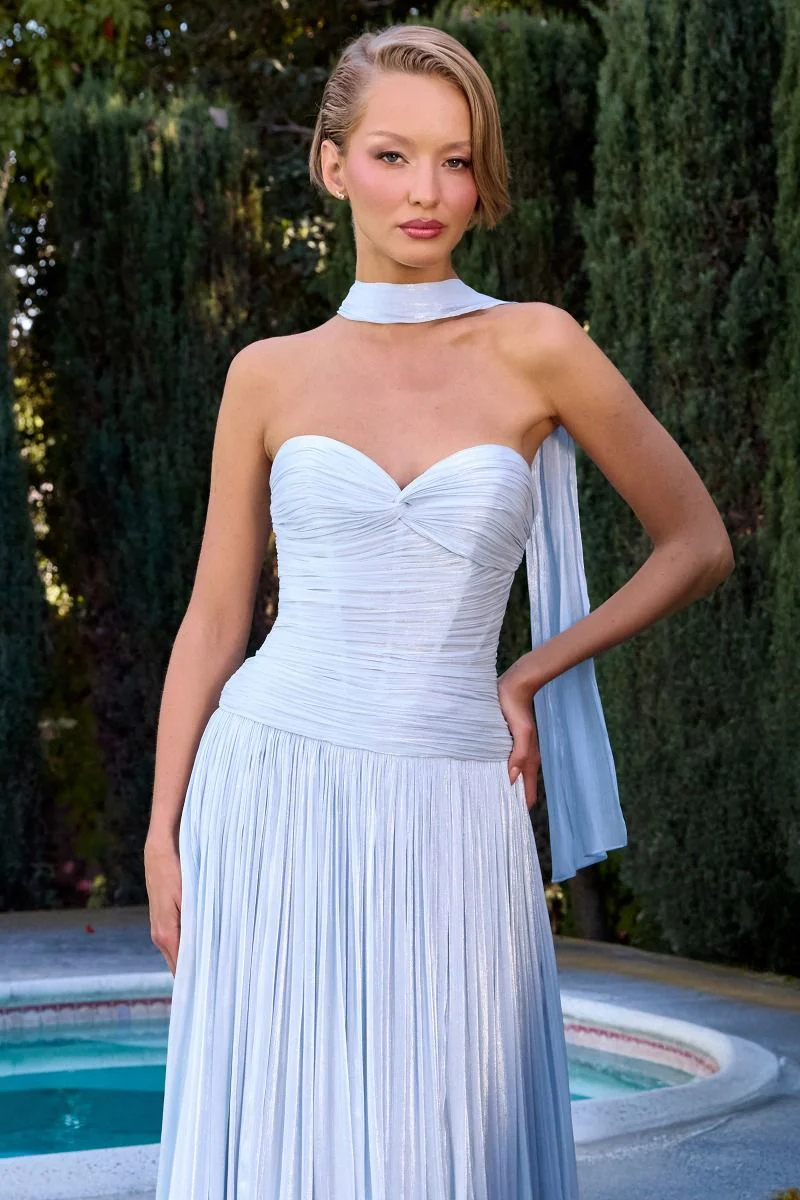 Linnea Gown - Strapless Shimmer Chiffon Dress with Scarf - Image 11