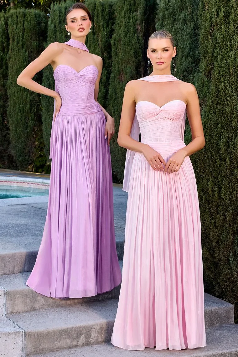 Linnea Gown - Strapless Shimmer Chiffon Dress with Scarf - Image 2
