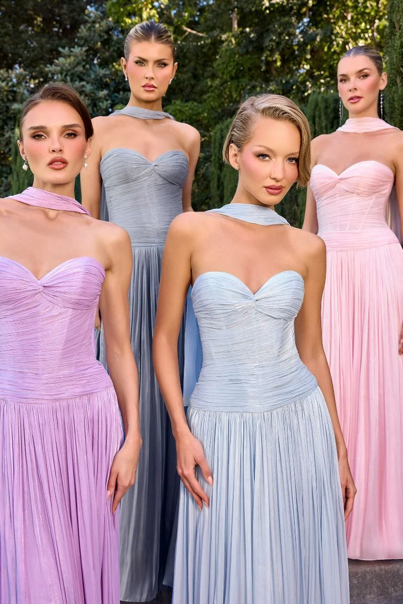 Linnea Gown - Strapless Shimmer Chiffon Dress with Scarf - Image 4