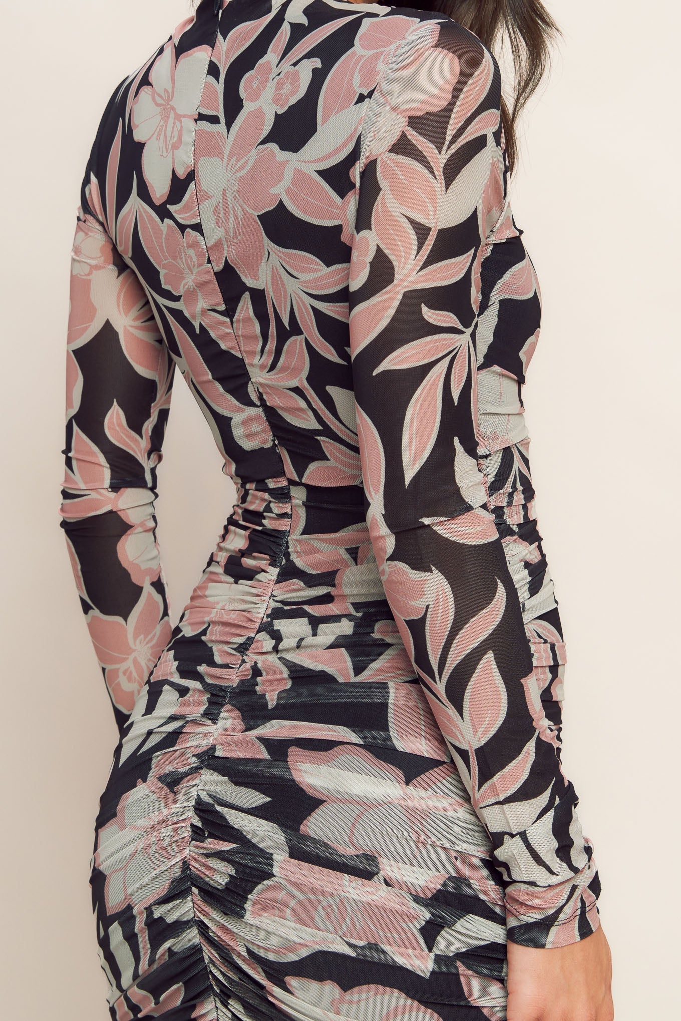 LONG SLEEVE BLACK FLORAL POWER MESH MIDI DRESS - Image 6