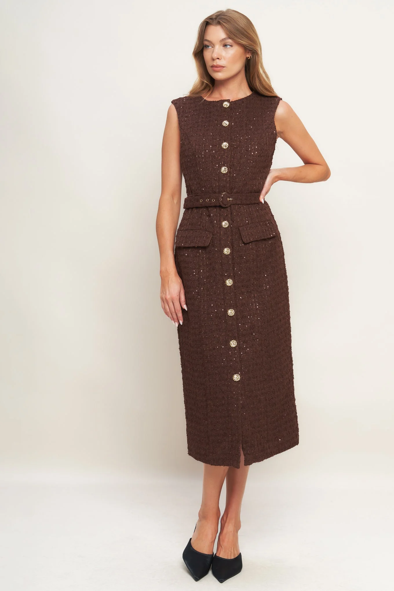 LOVELY HERITAGE BROWN TWEED MIDI DRESS - FINAL SALE
