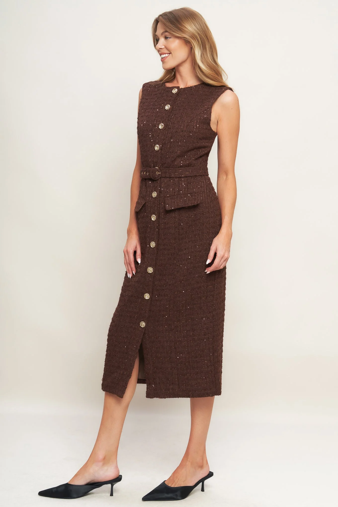 LOVELY HERITAGE BROWN TWEED MIDI DRESS - FINAL SALE - Image 4