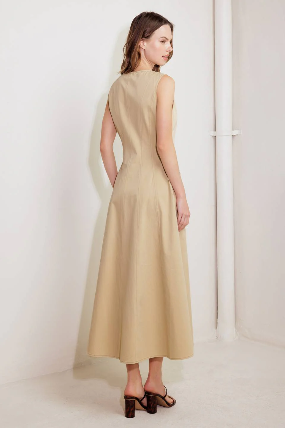 MAISIE MIDI DRESS BUTTON FRONT LIGHT BROWN DRESS - Image 2