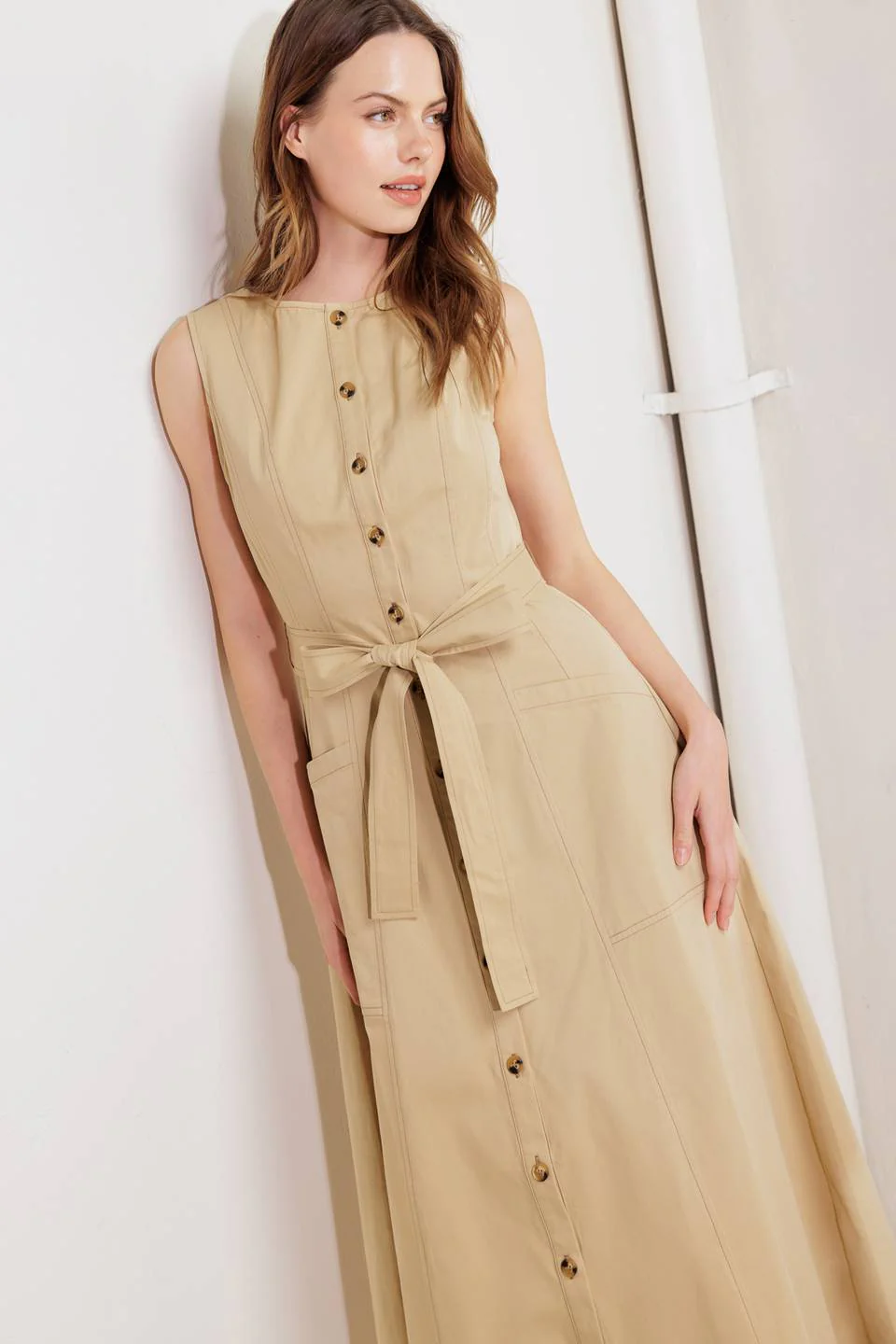 MAISIE MIDI DRESS BUTTON FRONT LIGHT BROWN DRESS - Image 3