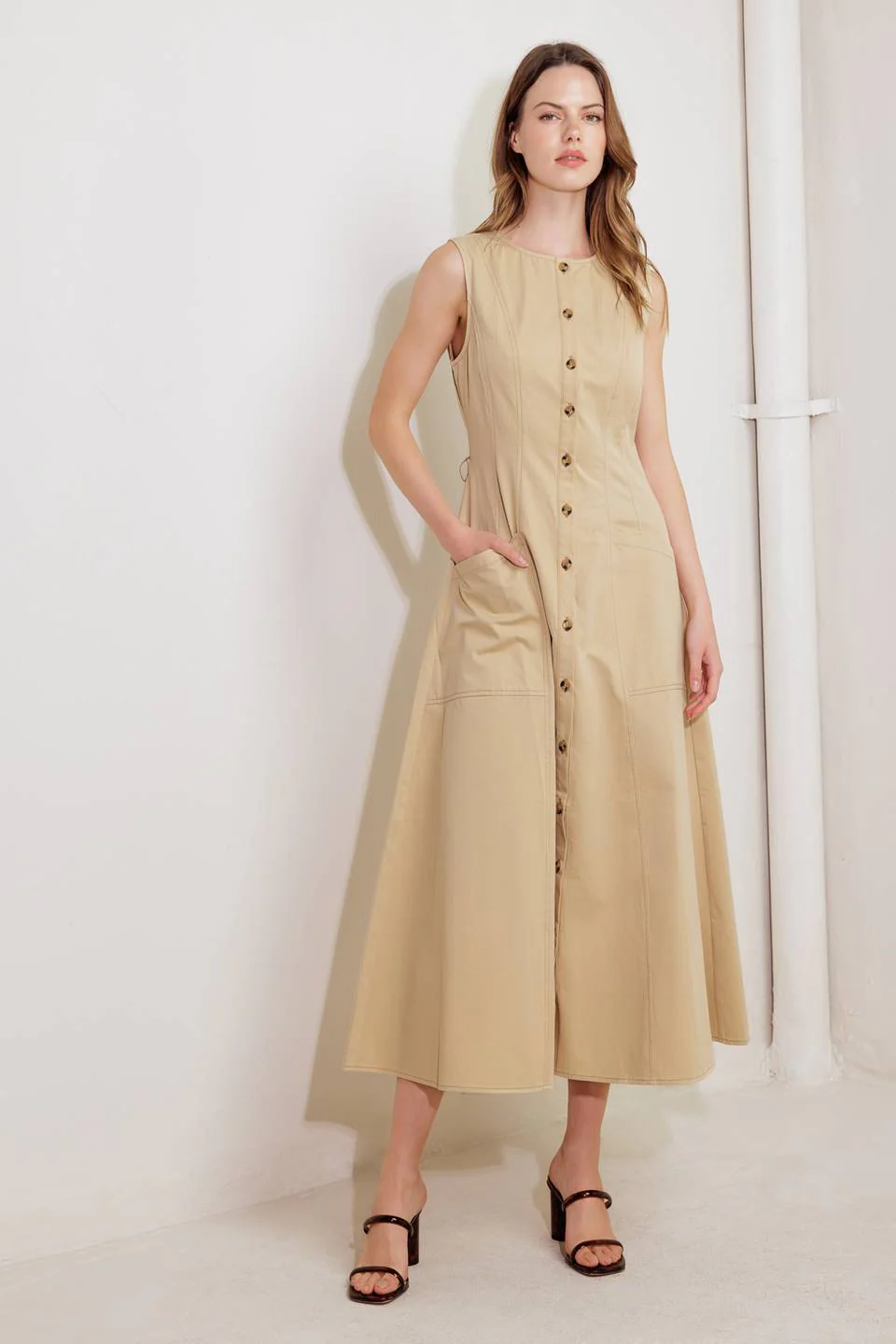 MAISIE MIDI DRESS BUTTON FRONT LIGHT BROWN DRESS - Image 5