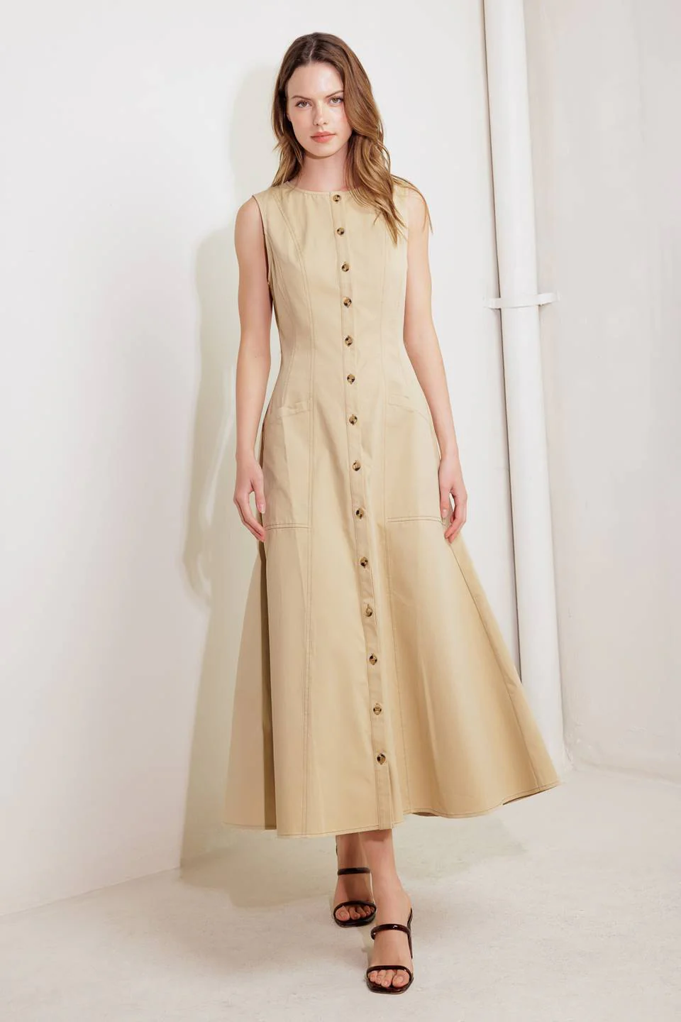 MAISIE MIDI DRESS BUTTON FRONT LIGHT BROWN DRESS - Image 6