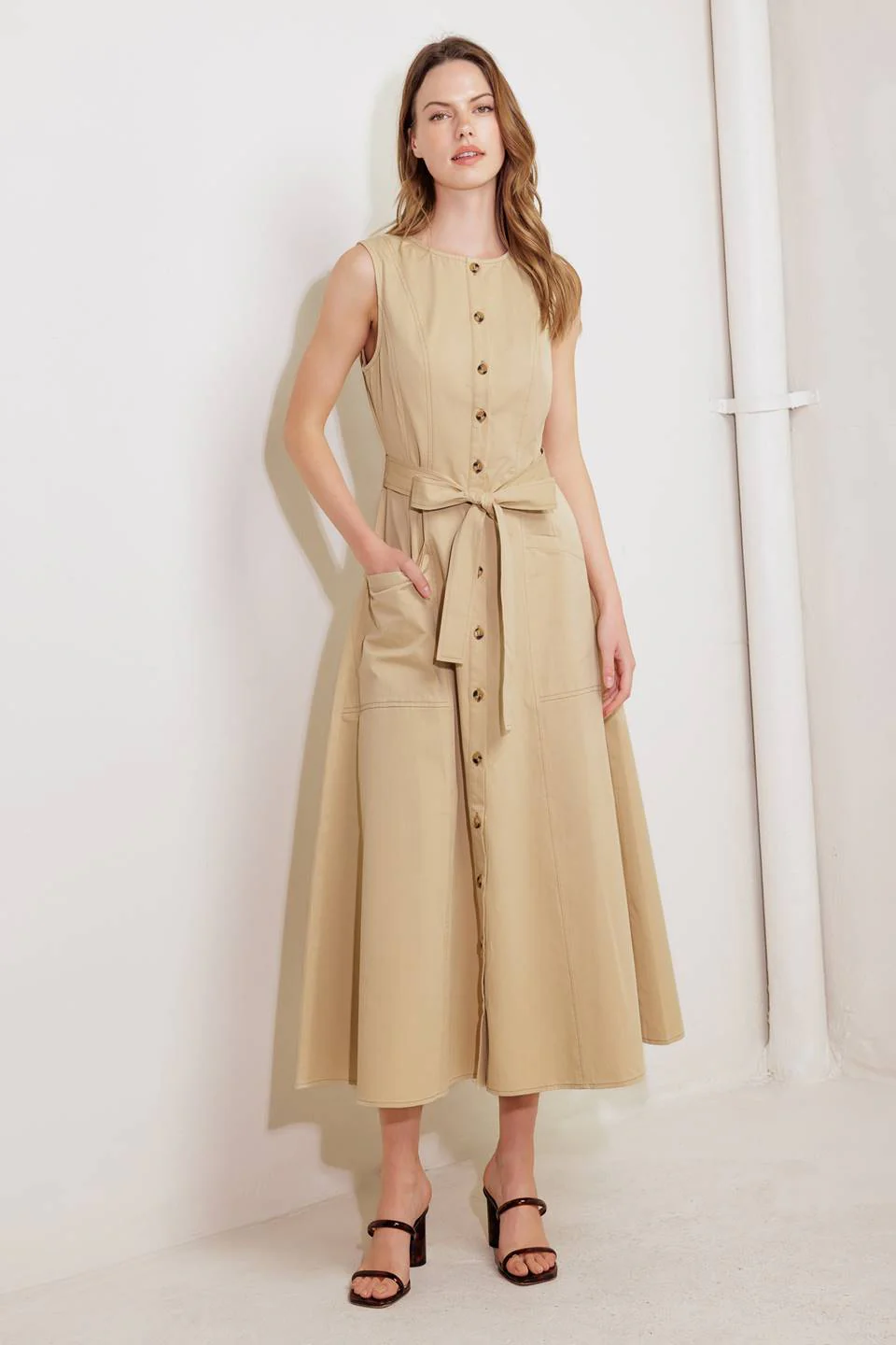 MAISIE MIDI DRESS BUTTON FRONT LIGHT BROWN DRESS - Image 7