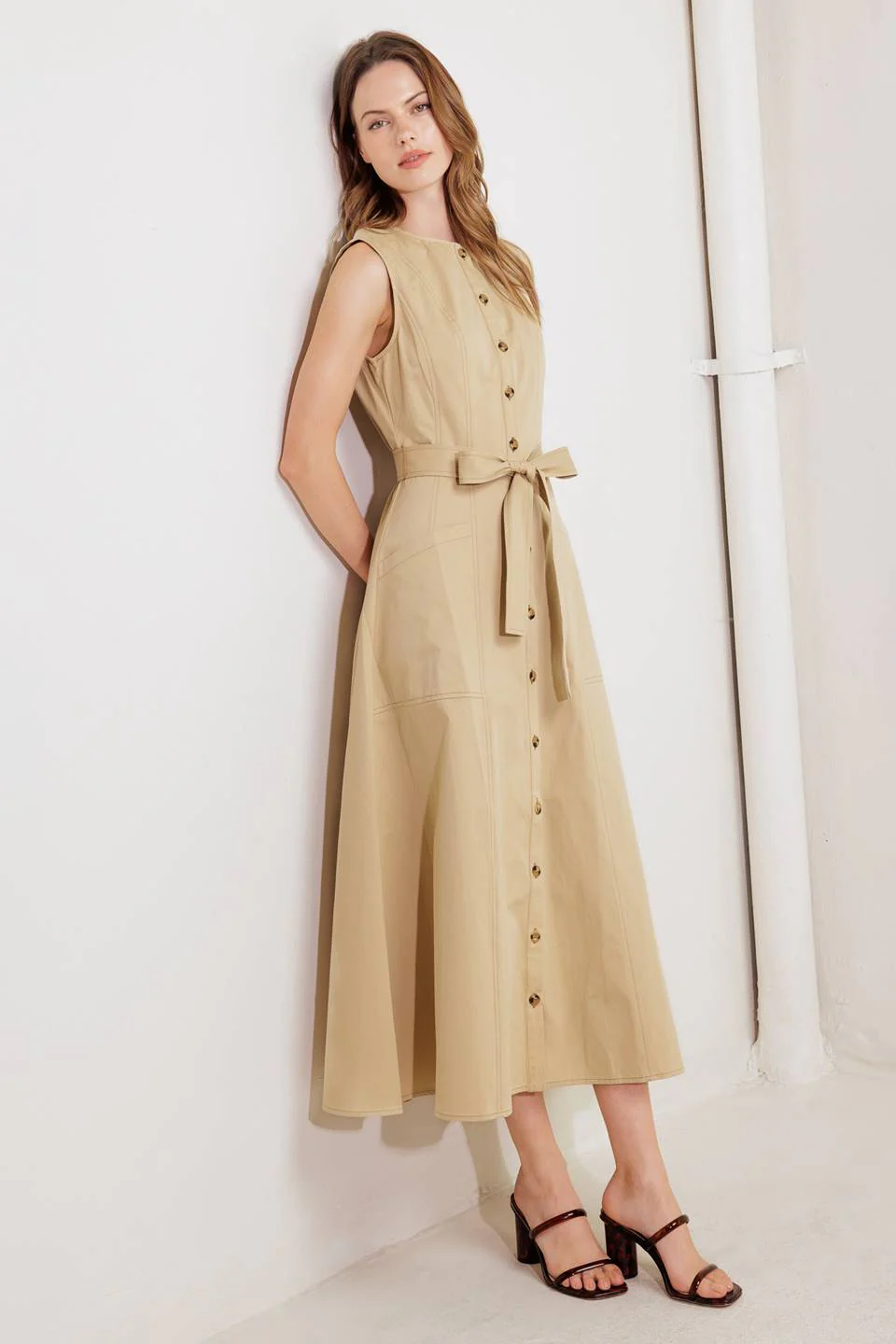 MAISIE MIDI DRESS BUTTON FRONT LIGHT BROWN DRESS - Image 8