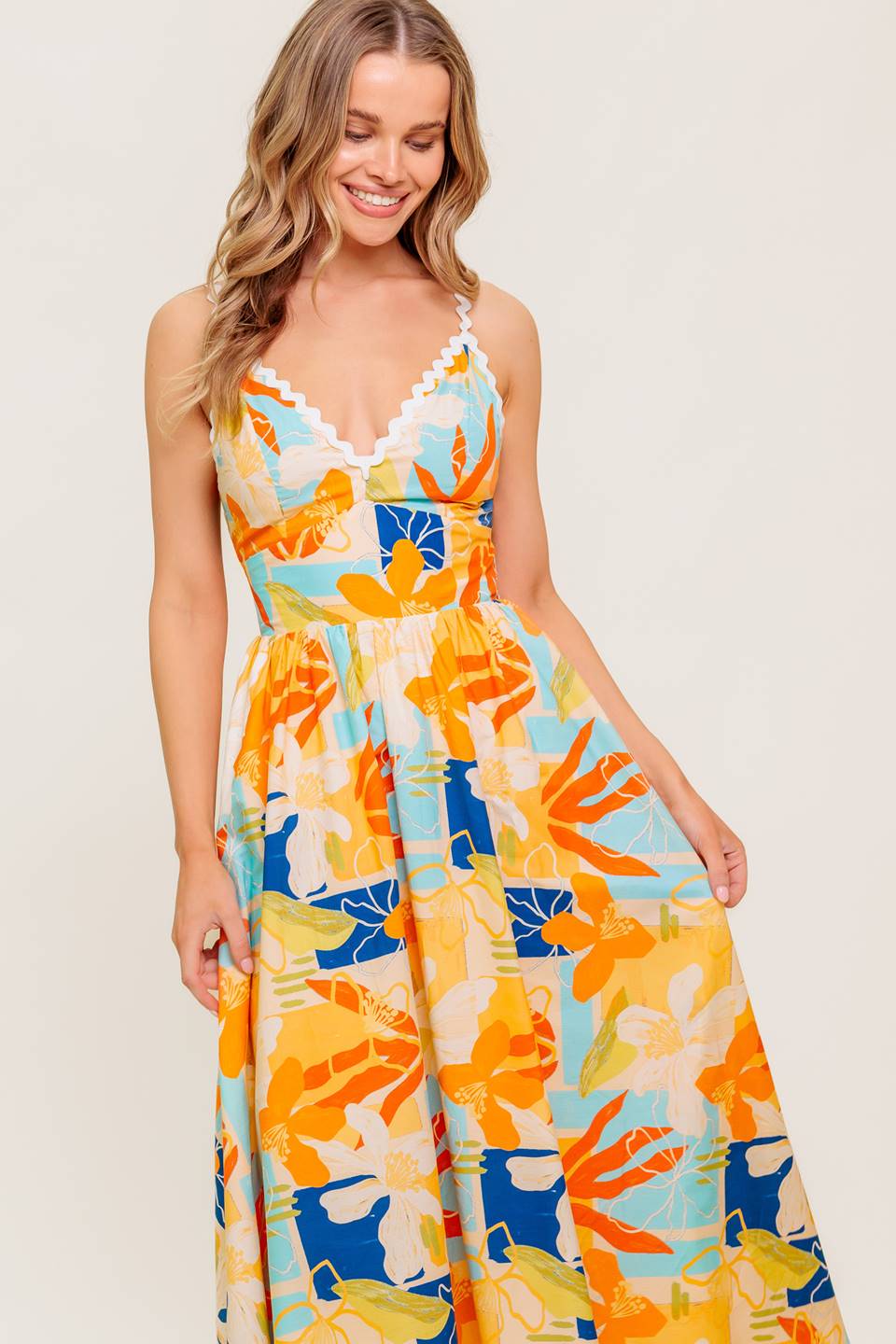MERRITT MIDI DRESS - ORANGE & BLUE PRINT - Image 4